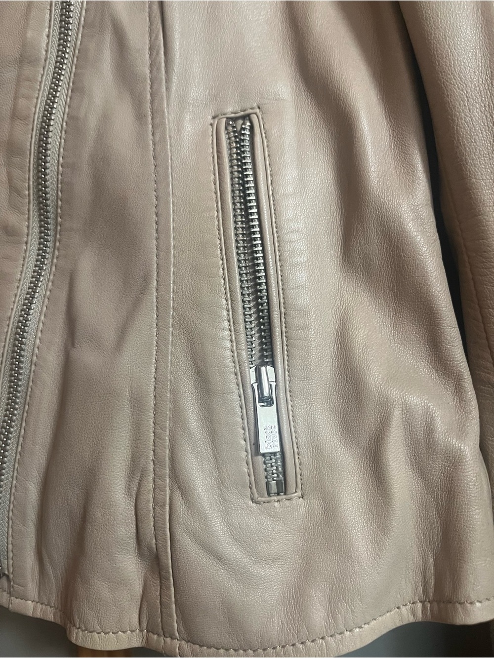 Black Rivet asymmetrical leather moto biker jacket in light taupe - Picture 8 of 13